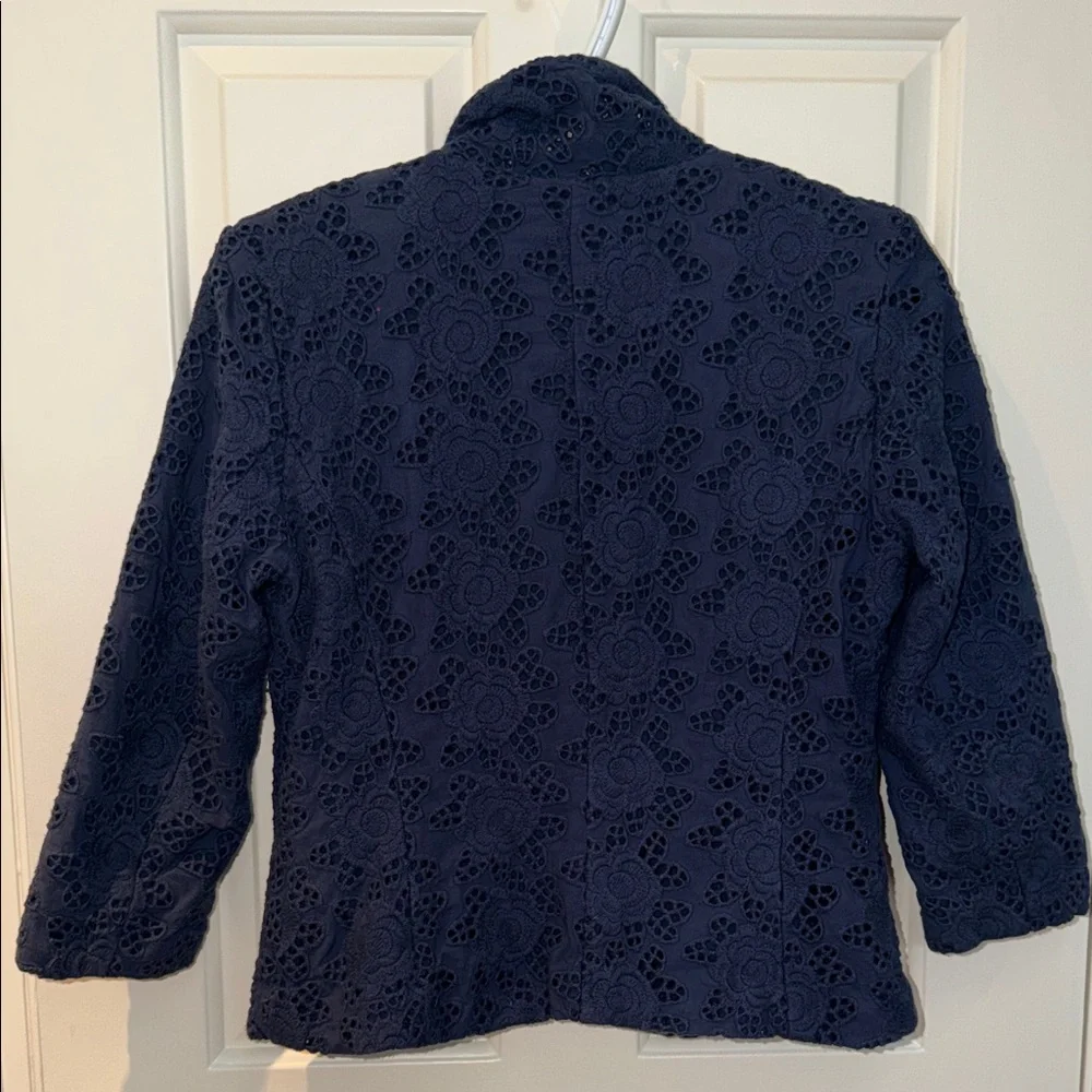 Sandro sz M 100% Cotton Women's Dark Blue Floral Lace Eyelet single but. Blazer - Picture 3 of 10